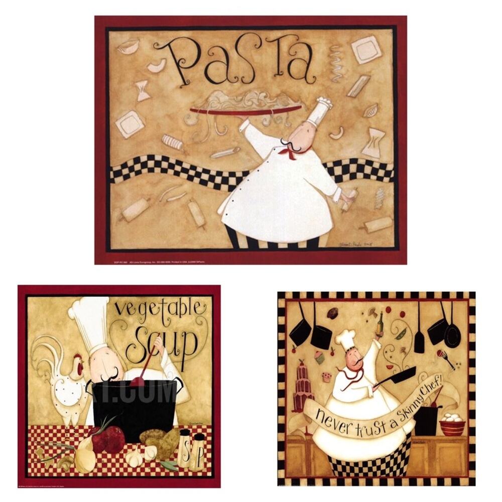 DAN DIPAOLO Fat Chef in the Kitchen Set of 3 Pictures Home Wall Hanging Decor